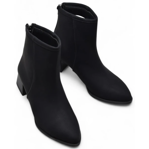 65S Günlük Arkadan Fermuarlı Kadın Topuklu Bot Ayakkabı Siyah Klasik Topuk Bot Zümrüt Siyah - 4