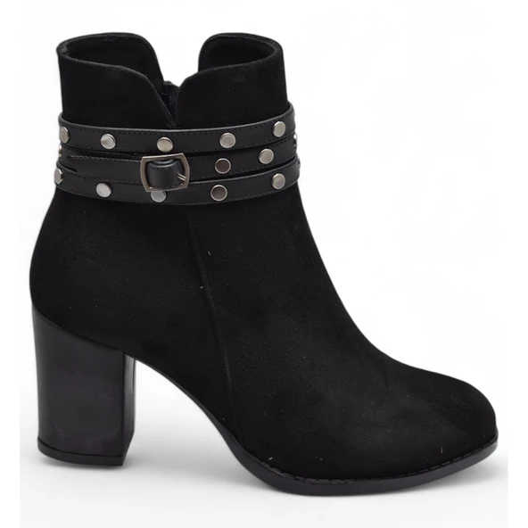 650 Günlük Fermuarlı Kadın Topuklu Bot Ayakkabı Nubuk Siyah Klasik Topuk Bot - 2