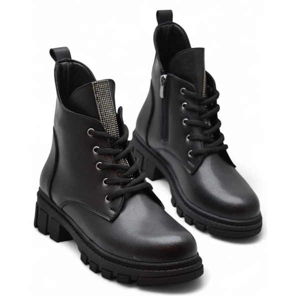 886 Bağcıklı Fermuarlı Günlük Kadın Bot Ayakkabı Kışlık Taşlı Kadın Bot