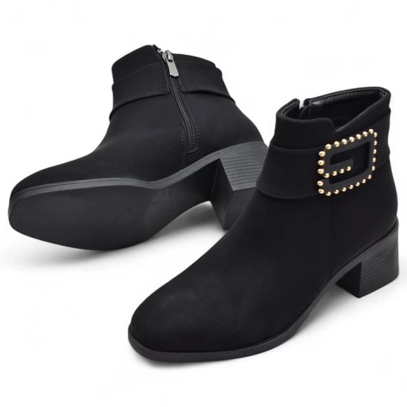 6592 Günlük Fermuarlı Kadın Topuklu Bot Ayakkabı Nubuk Siyah Klasik Topuklu Bot - 2