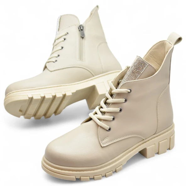 886 Bağcıklı Fermuarlı Günlük Kadın Bot Ayakkabı Kışlık Taşlı Kadın Bot - 6