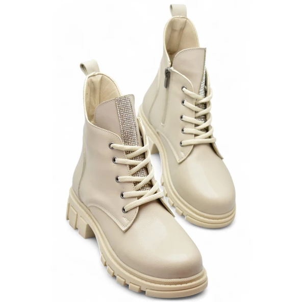 886 Bağcıklı Fermuarlı Günlük Kadın Bot Ayakkabı Kışlık Taşlı Kadın Bot - 5