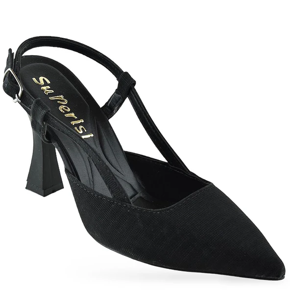 1088 Arkası Açık Kadın Topuklu Ayakkabı 8,5 cm Siyah Simli Abiye Düğün Nişan Kına Gecesi - 4