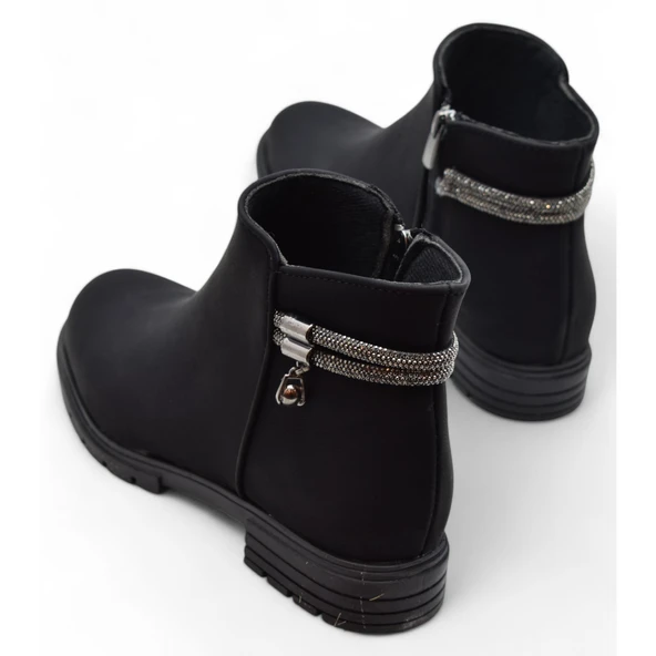 450Z Fermuarlı Günlük Kadın Bot Ayakkabı Kışlık Taşlı Siyah Düz Kadın Bot - 4