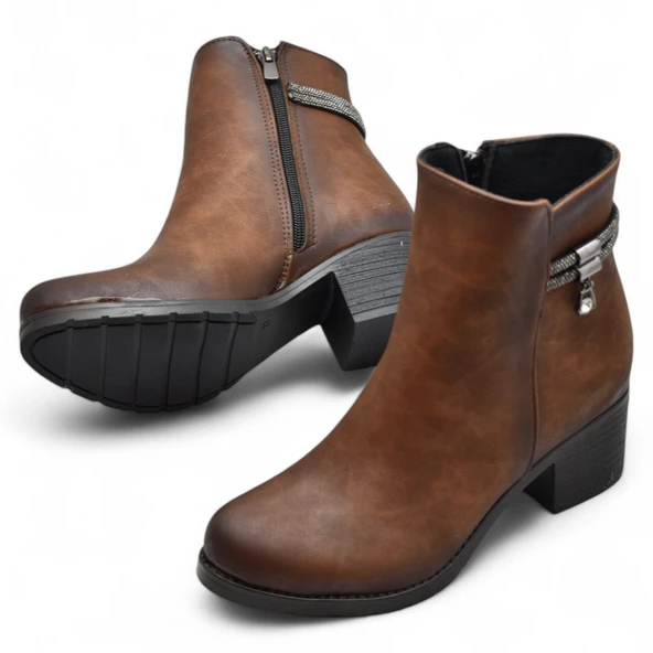 453 Kısa Topuklu Kadın Bot Ayakkabı Taşlı Klasik Ofis Gündelik Kadın Bot - 3