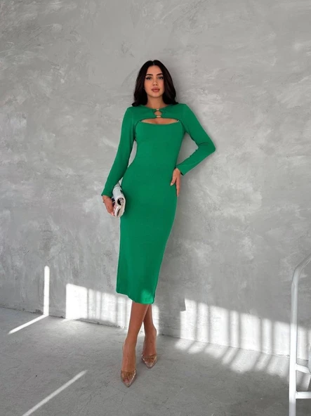 Kadın Uzun Kollu Halka Ve Pencere Dekolte Detay Fırsat ürün Midi Boy Elbise - Resim 3