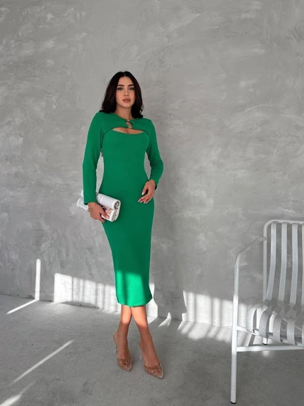 Kadın Uzun Kollu Halka Ve Pencere Dekolte Detay Fırsat ürün Midi Boy Elbise - Resim 2