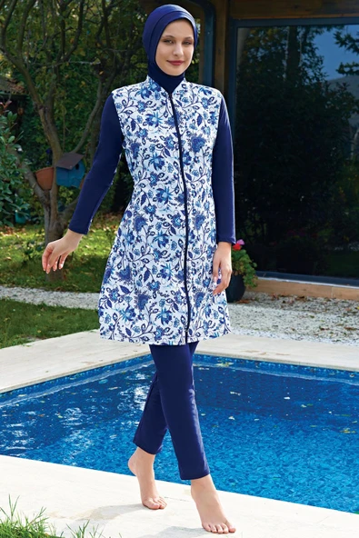 Ruko Maio 2421-2 Desenli Fermuarlı Likralı Paraşüt Su İtici Ve Çabuk Kuruyan Kumaş Tesettür Mayo