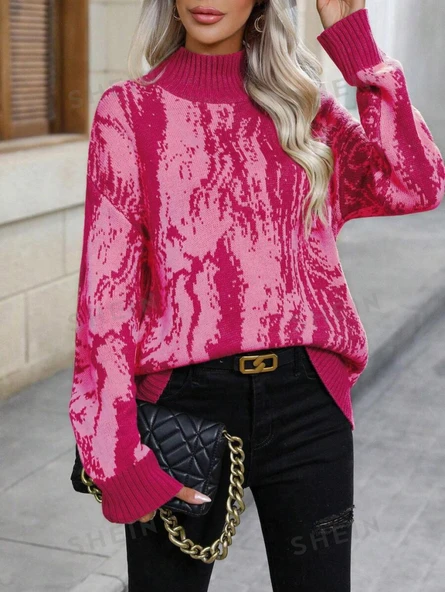 Kadın Uzun Kollu Balıkçı Yaka çok Renkli Triko Bluz