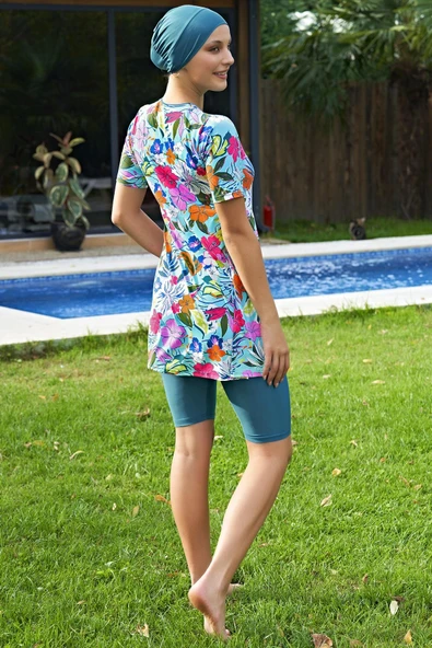 Ruko Maio 2424-6 Çiçek Desenli Yarım Kol Likralı Su İtici Ve Çabuk Kuruyan Kumaş Yarı Tesettür Mayo - 2