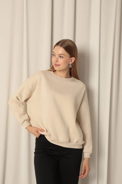 Üç İplik Sıfır Yaka Çimalı Kadın Bej Sweat - 3