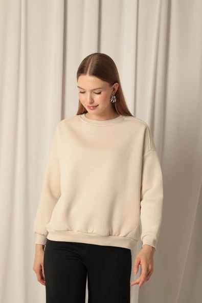 Üç İplik Sıfır Yaka Çimalı Kadın Bej Sweat - 4
