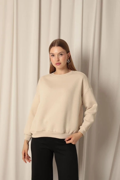 Üç İplik Sıfır Yaka Çimalı Kadın Bej Sweat - 2