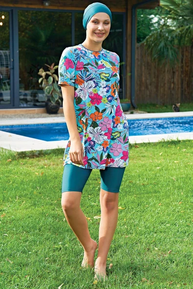 Ruko Maio 2424-6 Çiçek Desenli Yarım Kol Likralı Su İtici Ve Çabuk Kuruyan Kumaş Yarı Tesettür Mayo