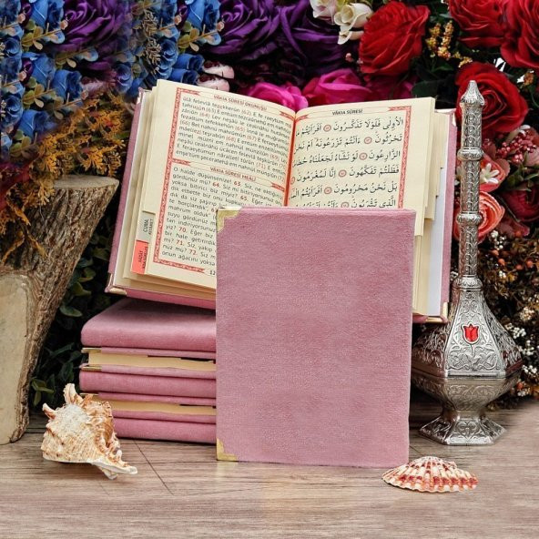 Hediyelik Seccade, Kadife Yasin (İsme Özel), İnci Tesbih, Asetat Kutulu (26×23) İslami Set-Pembe - 2