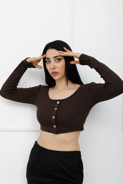 Düğmeli Mini Crop Bady Kahve - P-020494 - 2