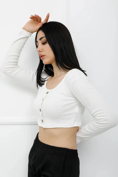 Düğmeli Mini Crop Bady Ekru - P-020494 - 2