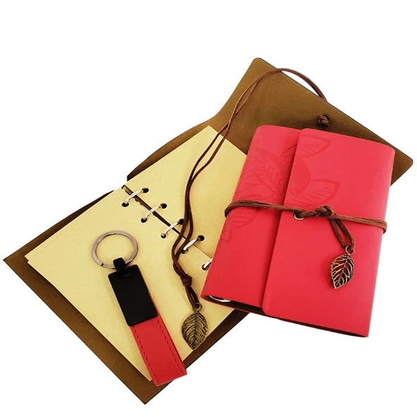 Özel Ahşap Kutulu Kırmızı Deri Defter Ve Anahtarlık Set - 3