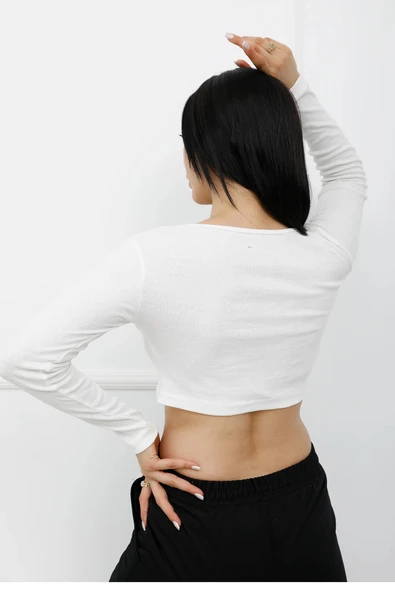 Düğmeli Mini Crop Bady Ekru - P-020494 - 3