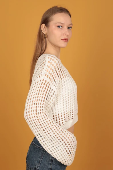 Acur Bisiklet Yaka Triko Crop-Ekru - 4
