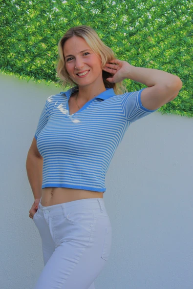 Polo Yaka Çizgili Tişört Mavi - 140.055 - 3