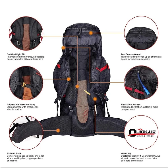 Quickup Hiking Sırt Çantası 65 Litre- Kırmızı Dağcı Sırt Çantası Kamp Çantası - 5