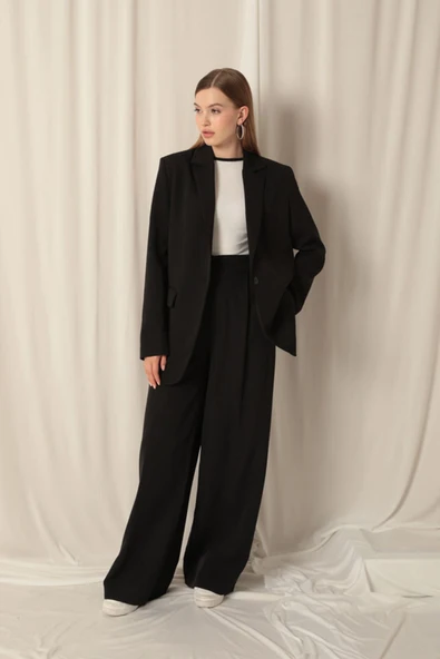 Atlas Kumaş Oversize Kadın Siyah Ceket - 5