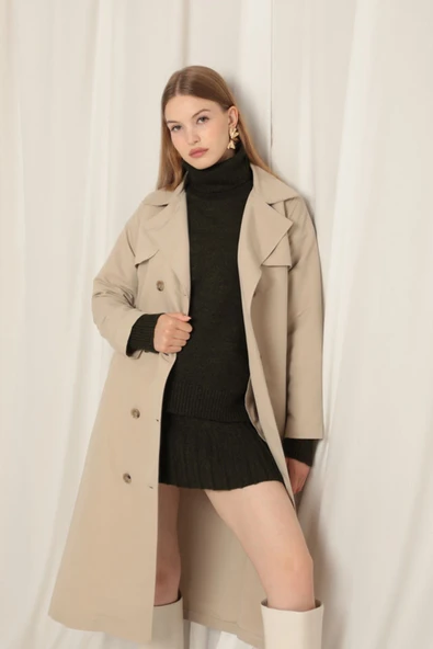 Torino Kumaş Sıvı Geçirmez Maxi Boy Kadın Taş Trençkot - 4