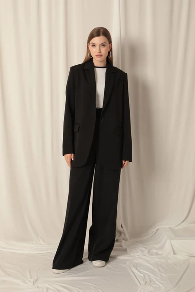 Atlas Kumaş Oversize Kadın Siyah Ceket - 2