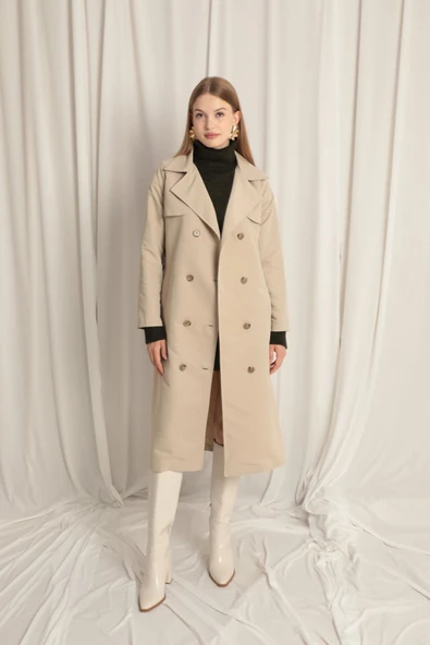 Torino Kumaş Sıvı Geçirmez Maxi Boy Kadın Taş Trençkot - 5