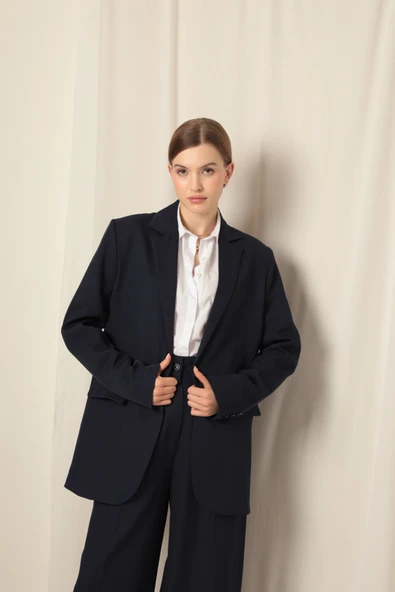 Atlas Kumaş Oversize Kadın Mavi Ceket - 2