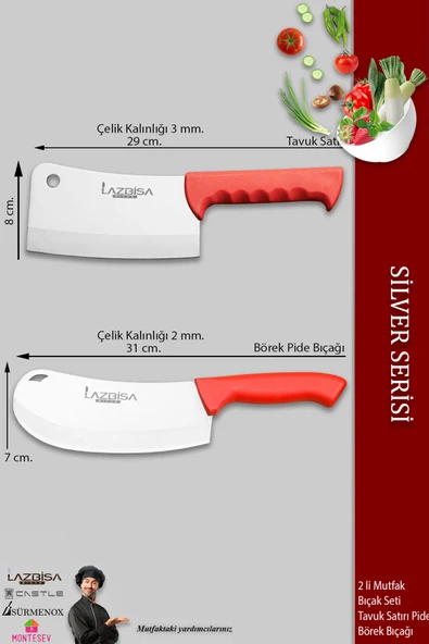 LAZBİSA Silver Serisi Mutfak Bıçak Börek Bıçağı Pizza Pide Salata Bıçağı Tavuk Satırı 2 Li Set ( Mft-258) - Resim 2