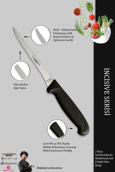 LAZBİSA İncisive Serisi Mutfak Fileto Bıçağı Steak Bıçak Et Balık Tavuk Fileto Bıçağı 2 Li Set ( Mft-256 ) - Resim 3