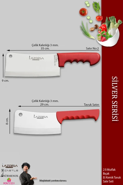 LAZBİSA Silver Serisi Et Kemik Tavuk Satırı Mutfak Bıçak Satırı 2 Li Set ( Mft-005 ) - 2