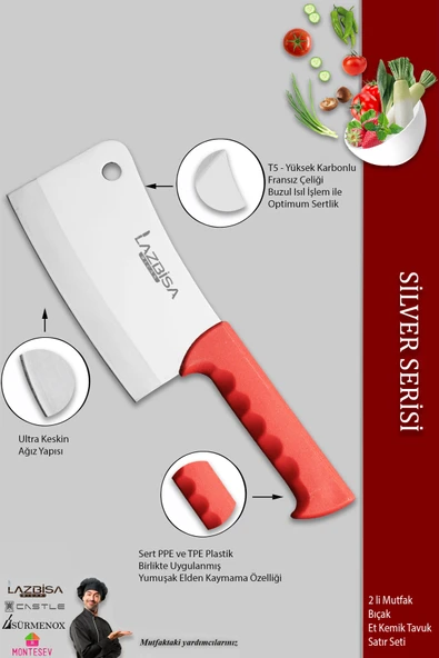 LAZBİSA Silver Serisi Et Kemik Tavuk Satırı Mutfak Bıçak Satırı 2 Li Set ( Mft-005 ) - 3