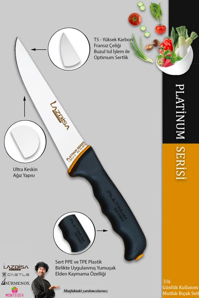 LAZBİSA Platinum Serisi Mutfak Bıçak Seti Et Ekmek Sebze Meyve Bıçağı 3 Lü Set Günlük Kullanım (MFT-247) - 3