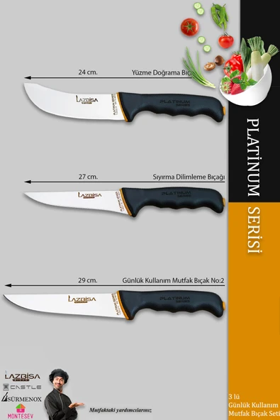 LAZBİSA Platinum Serisi Mutfak Bıçak Seti Et Ekmek Sebze Meyve Bıçağı 3 Lü Set Günlük Kullanım (MFT-247) - 2