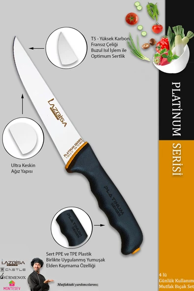 LAZBİSA Platinum Serisi Mutfak Bıçak Seti Et Ekmek Sebze Meyve Bıçağı 5 Li Set Günlük Kullanım (MFT-019) - Resim 3