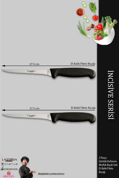 LAZBİSA İncisive Serisi Mutfak Fileto Bıçağı Steak Bıçak Et Balık Tavuk Fileto Bıçağı 2 Li Set ( Mft-256 ) - Resim 2