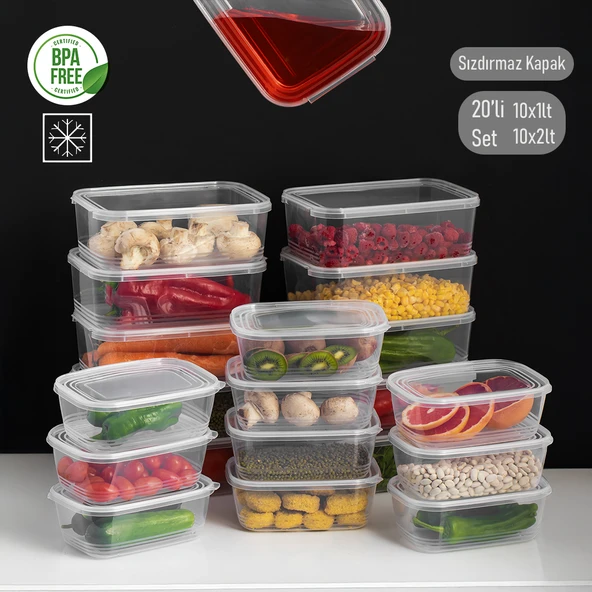 Porsima 4302 20'li Buzluk Düzenleyici Saklama Kabı Kendinden Kapaklı Derin Dondurucu Saklama Kabı 1Lt 2Lt Şeffaf