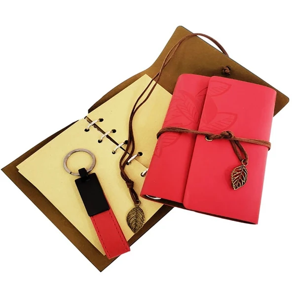 Ahşap Kutulu Kırmızı Deri Defter Ve Anahtarlık Set - 3