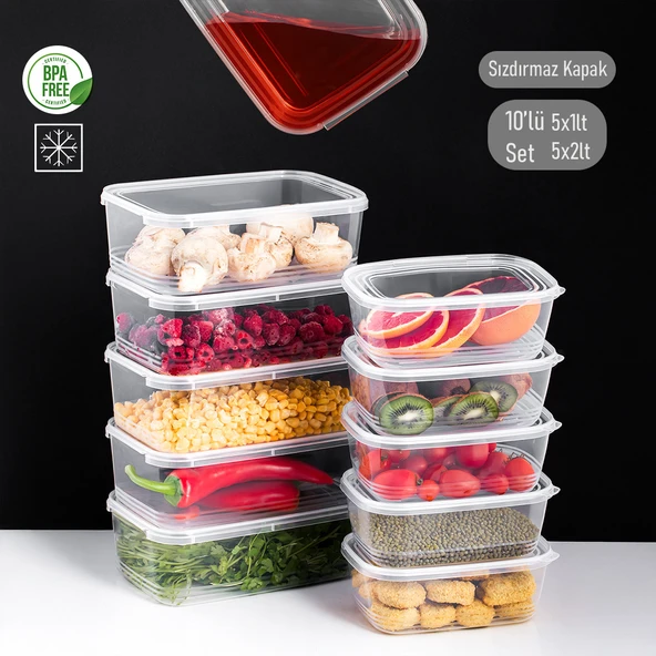 Porsima 4302 10'lu Buzluk Düzenleyici Saklama Kabı Kendinden Kapaklı Derin Dondurucu Saklama Kabı 1Lt 2Lt Şeffaf - Resim 2