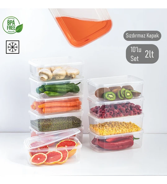 Porsima 4302 10'lu Buzluk Düzenleyici Saklama Kabı Kendinden Kapaklı Derin Dondurucu Saklama Kabı 2Lt Şeffaf