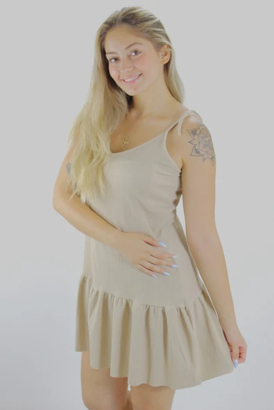 Krinkıl İp Askılı Elbise Vizon - 1456.65 - 2