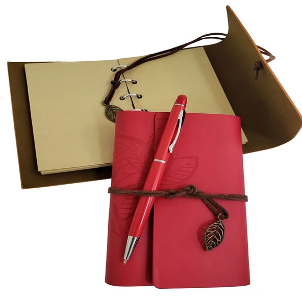 Ahşap Kutulu Kırmızı Deri Defter Ve Metal Kalem Set - 3