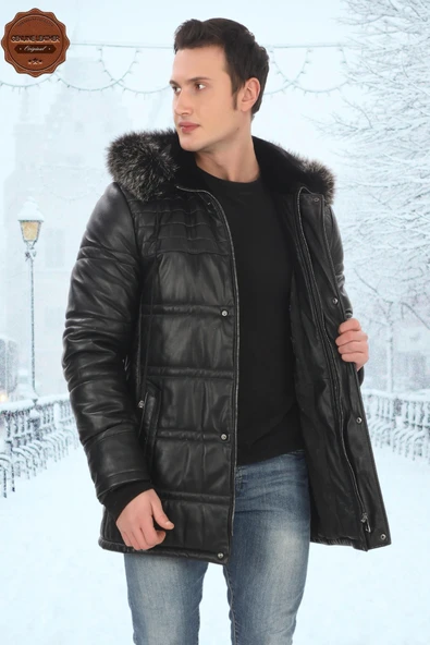 Erkek Hakiki Kuzu Derisi Kışlık Parka Kapüşonlu Kürklü Deri Mont Şişme Mont Gerçek Deri Kaban - 3