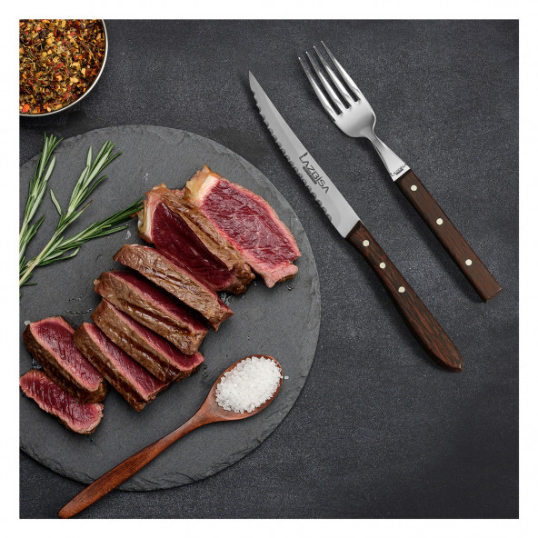 LAZBİSA Mutfak Bıçak Seti Steak Et Bıçak Çatal Restoran Et Kesme Doğrama Bıçak Şık Venge Ağaç Sap 2 li Set