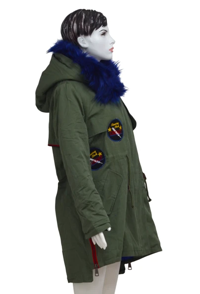 BOGNER Mavi Kürklü Cricket Logolu Yeşil Kalın Kapüşonlu İçi Kürklü Kadın Askeri Mont Kaban 3XL - 2