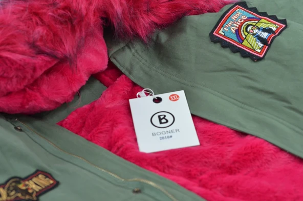 BOGNER Kırmızı Kürklü Cricket Logolu Yeşil Kalın Kapüşonlu İçi Kürklü Kadın Askeri Mont Kaban XXL - 4