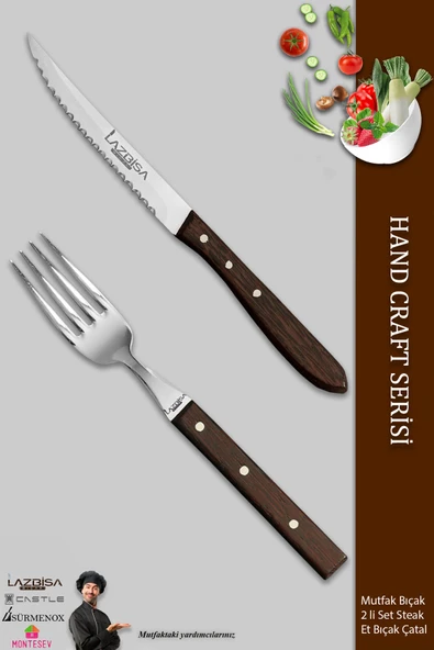 LAZBİSA Hand Caft Serisi Steak Et Yemek Kahvaltı Çatalı 2 Li Set Mutfak Bıçak Seti ( Mzt-063 )